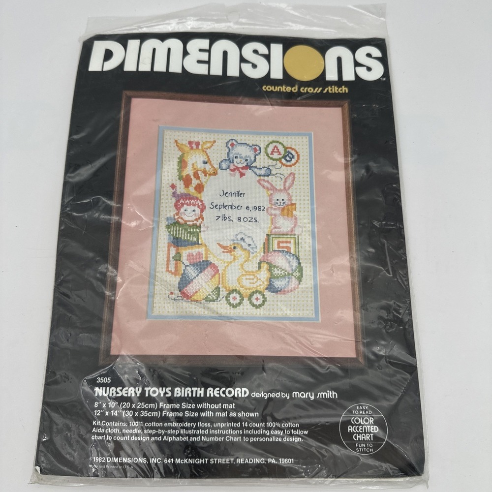 DIMENSIONS COUNTED Cross Stitch Kit 3505 NURSERY TOYS BIRTH RECORD VTG NEW